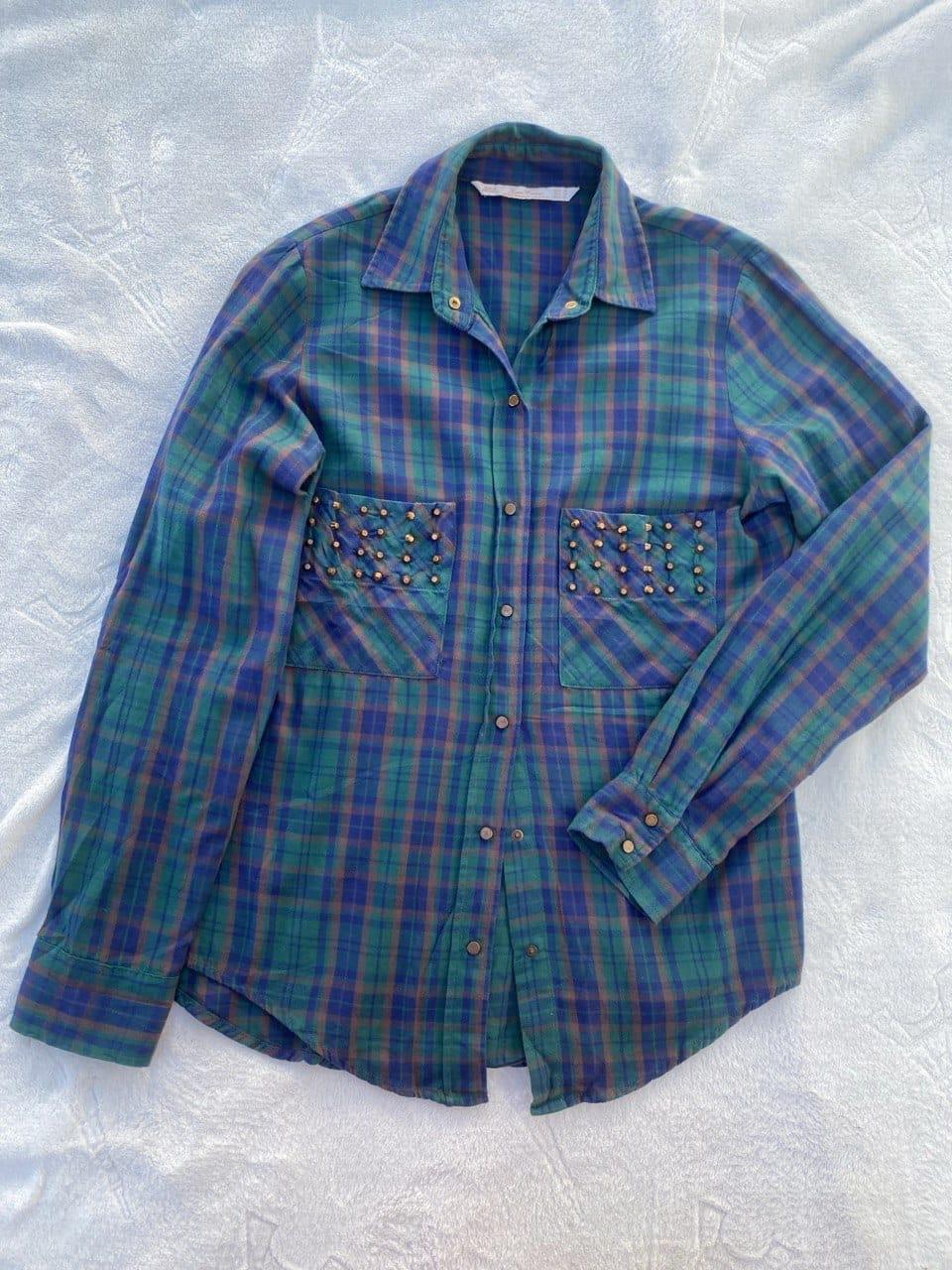 Camisa Mujer Rayas Verde Azul con Tachas